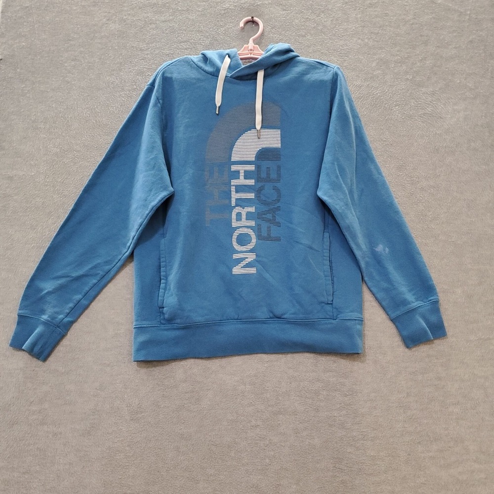 The North Face Men Sweatshirt Medium Blue Hoodie Logo Pocket Fleece READ